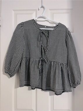 Amazon Black & White Gingham Tie-Front Peasant Blouse